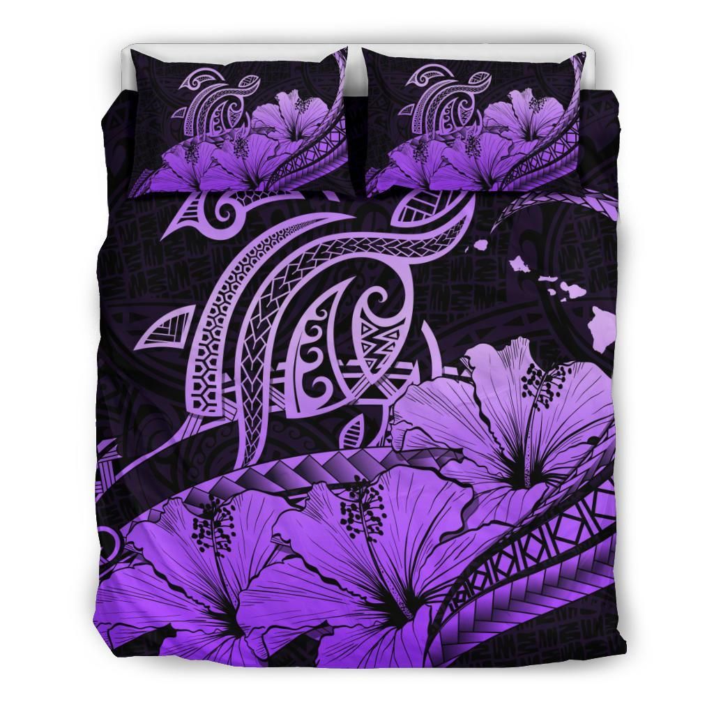 Hawaiian Map Hibiscus Turtle Polynesian Violet Bedding Set