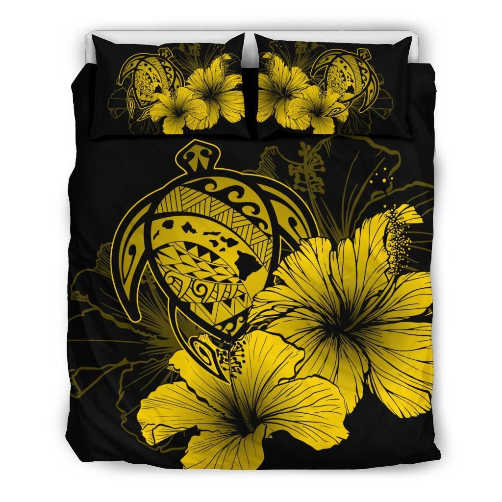 Hawaiian Map Hibiscus Turtle Polynesian Yellow Bedding Set