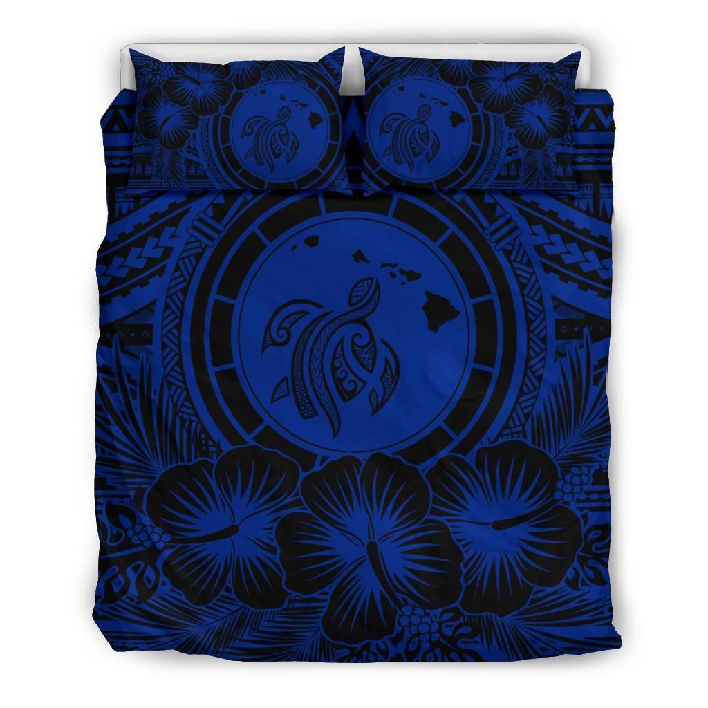 Hawaiian Map Honu Hibiscus Tropic Blue Polynesian Bedding Set
