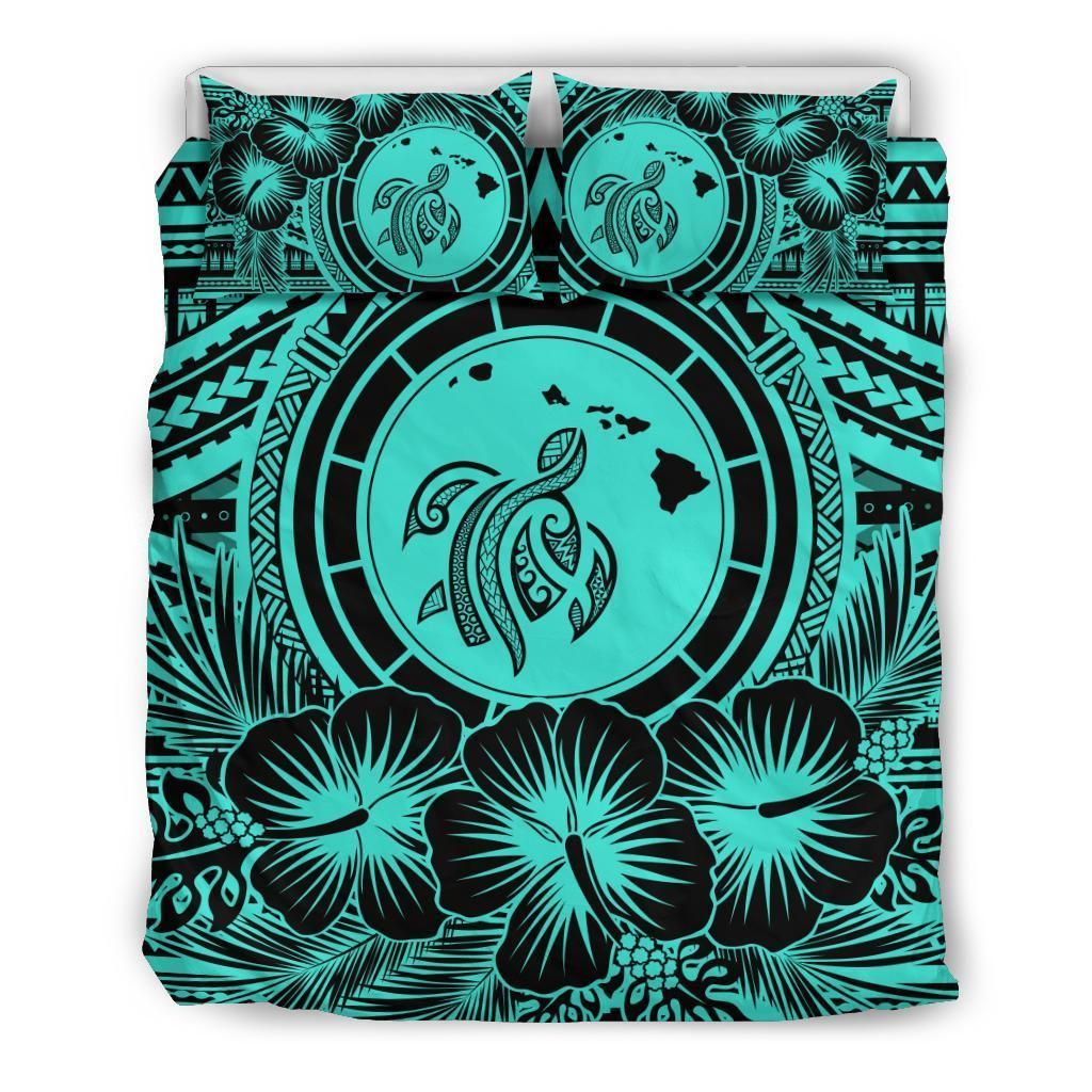 Hawaiian Map Honu Hibiscus Tropic Turquoise Bedding Set