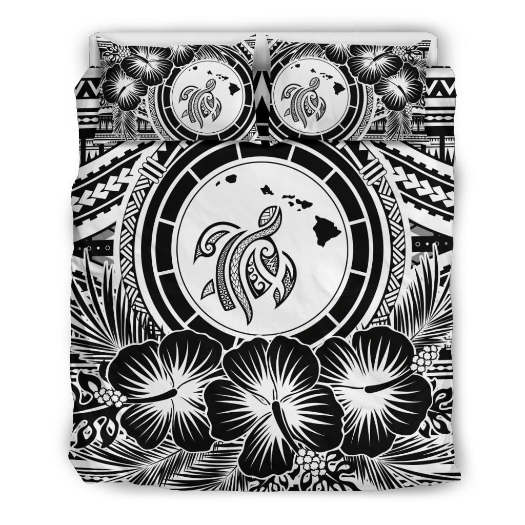 Hawaiian Map Honu Hibiscus Tropic White Polynesian Bedding Set
