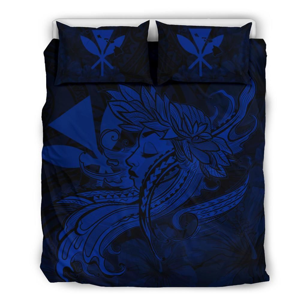 Hawaiian Map Hula Girl Hibiscus Kanaka Polynesian Blue Bedding Set