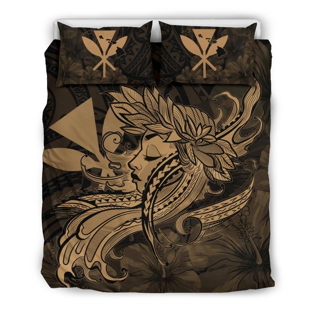 Hawaiian Map Hula Girl Hibiscus Kanaka Polynesian Gold Bedding Set