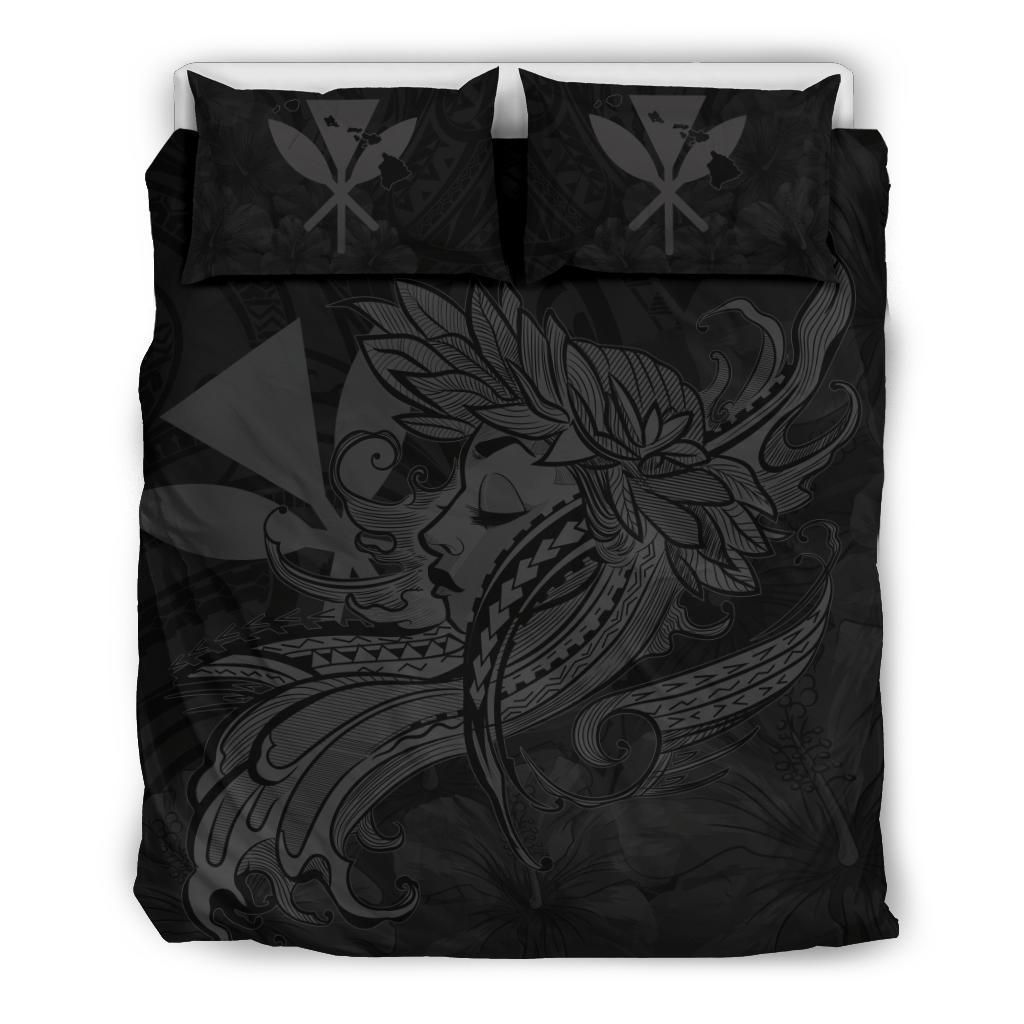 Hawaiian Map Hula Girl Hibiscus Kanaka Polynesian Gray Bedding Set
