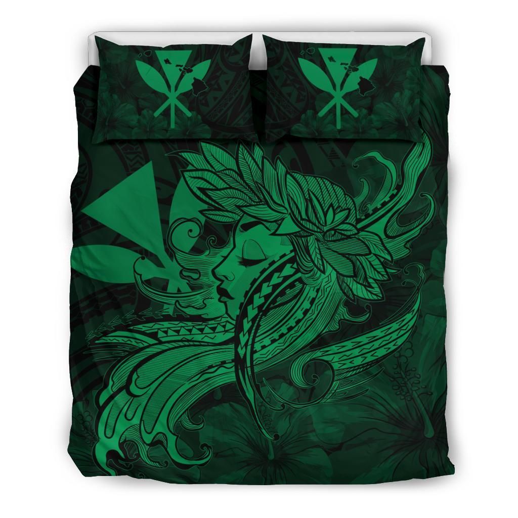Hawaiian Map Hula Girl Hibiscus Kanaka Polynesian Green Bedding Set
