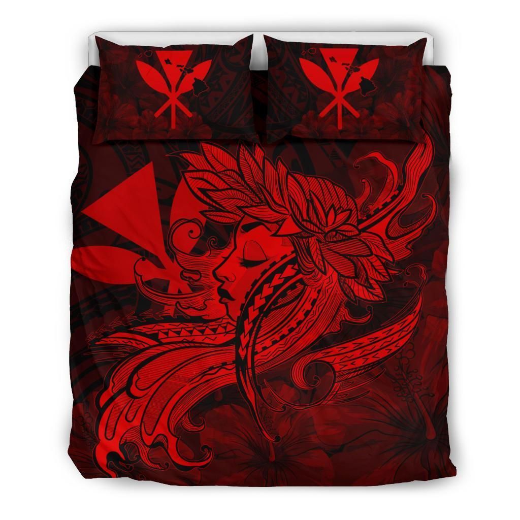 Hawaiian Map Hula Girl Hibiscus Kanaka Polynesian Red Bedding Set