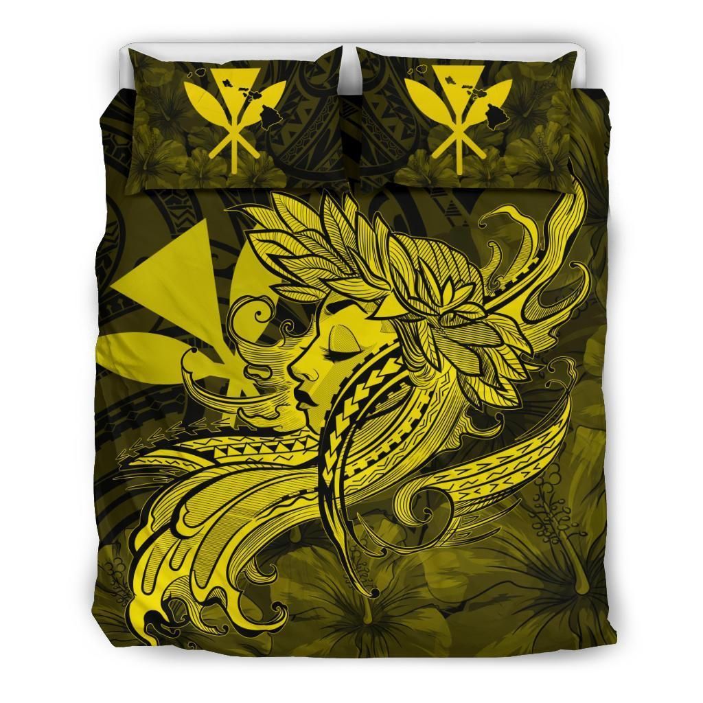 Hawaiian Map Hula Girl Hibiscus Kanaka Polynesian Yellow Bedding Set