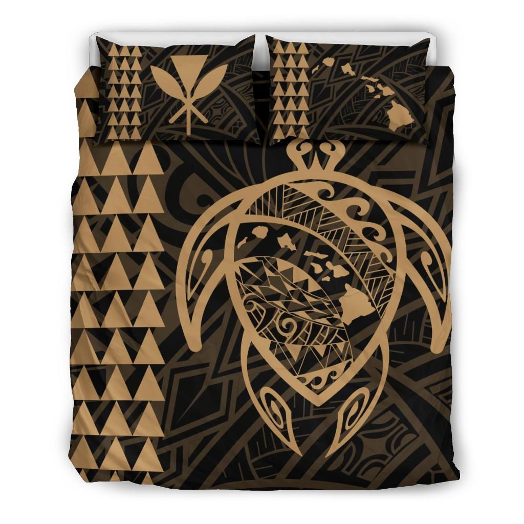 Hawaiian Map Kakau Turtle Kanaka Polynesian Gold Bedding Set