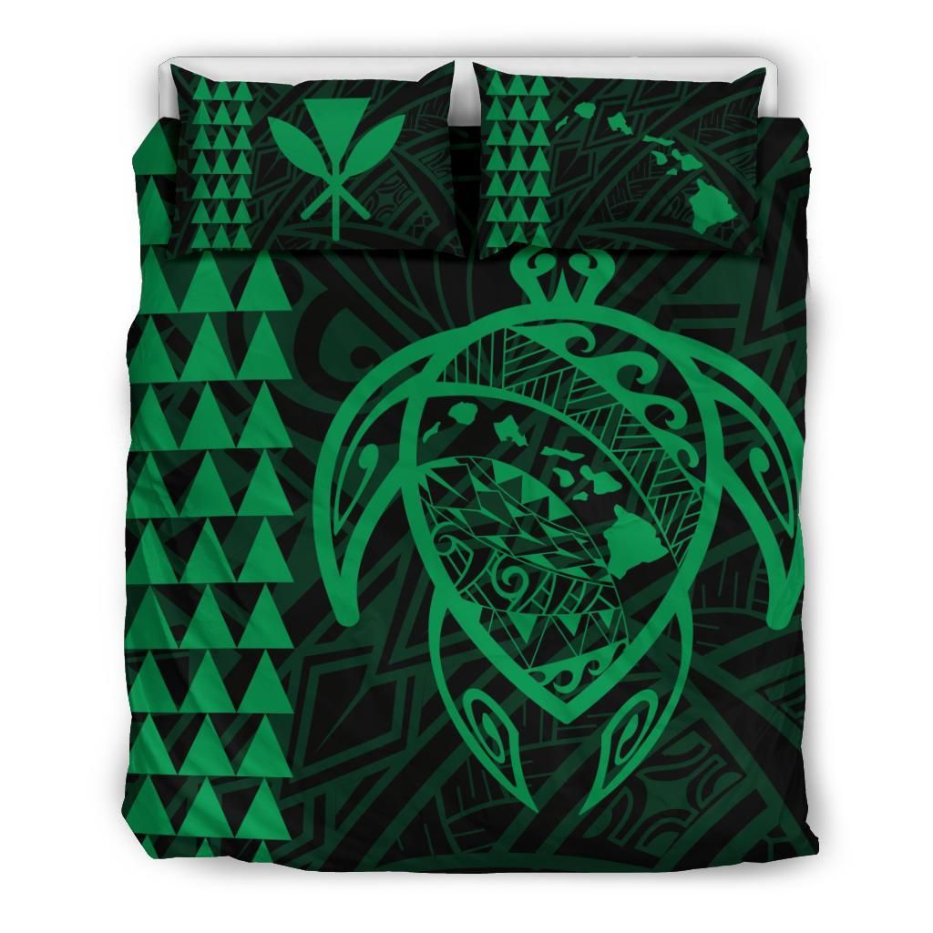Hawaiian Map Kakau Turtle Kanaka Polynesian Green Bedding Set