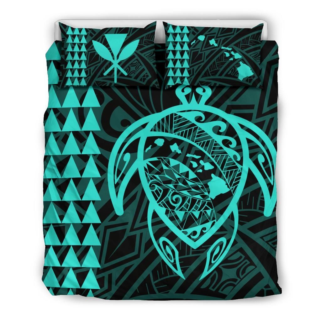 Hawaiian Map Kakau Turtle Kanaka Polynesian Turquoise Bedding Set