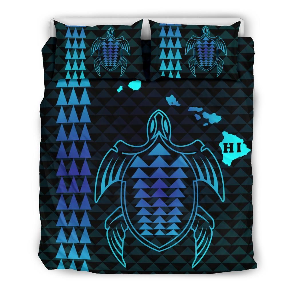 Hawaiian Map Kakau Turtle Polynesian Blue Bedding Set