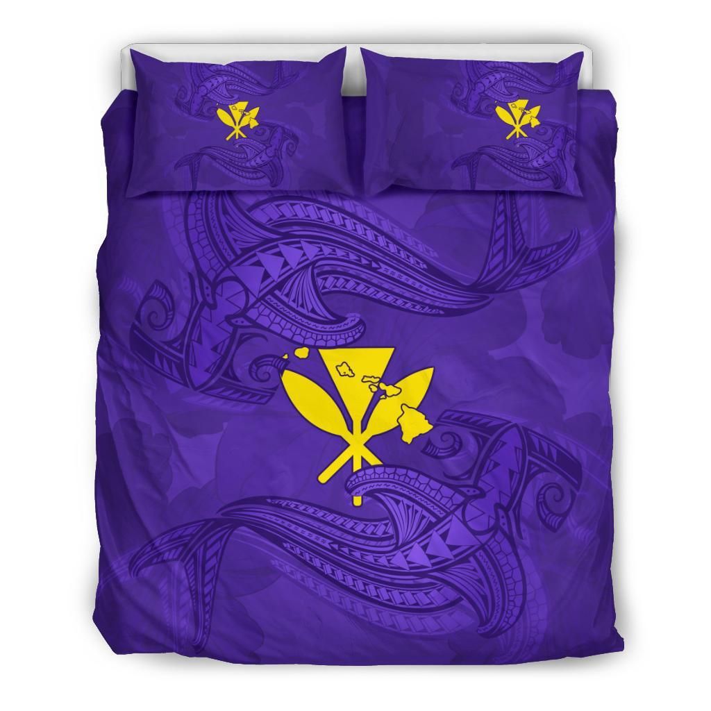 Hawaiian Map Kanaka Hammerhead Shark Polynesian Purple Bedding Set