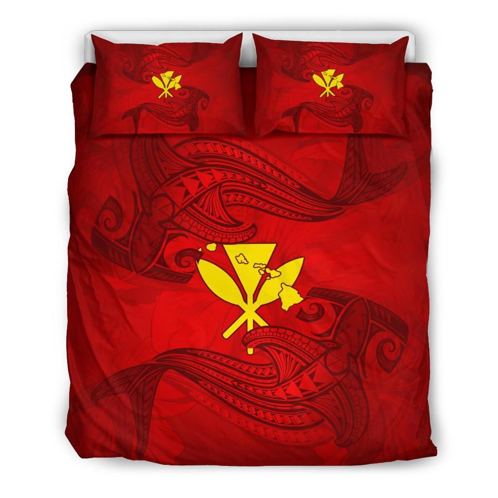 Hawaiian Map Kanaka Hammerhead Shark Polynesian Red Bedding Set