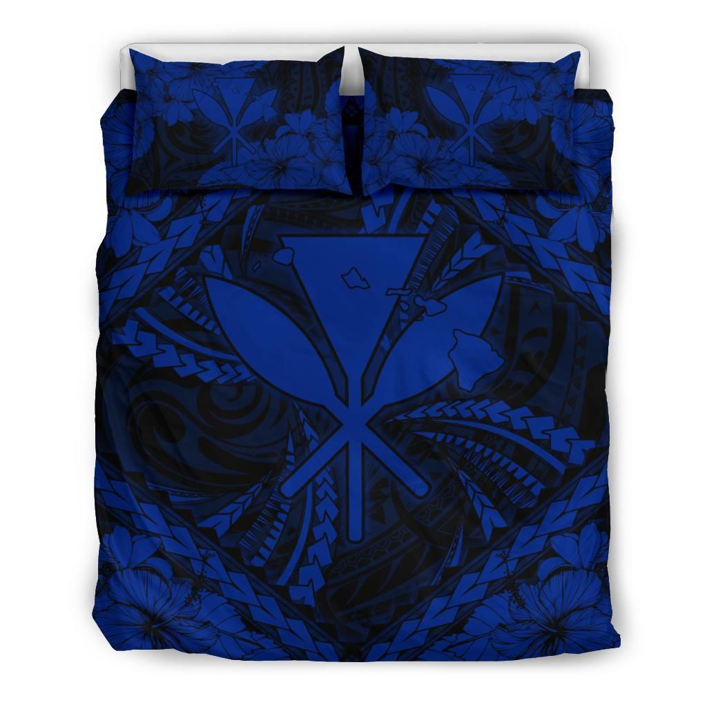Hawaiian Map Kanaka Hibiscus Blue Polynesian Bedding Set
