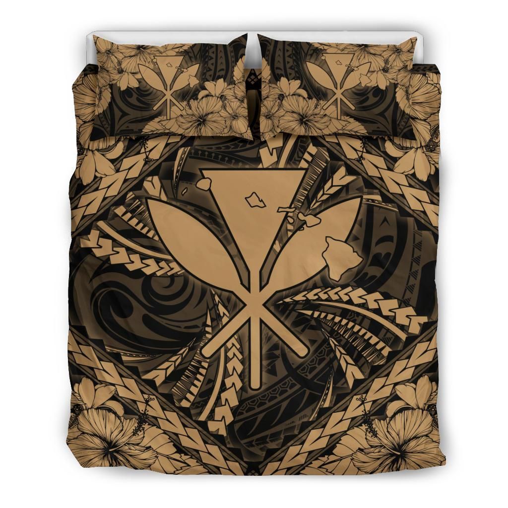 Hawaiian Map Kanaka Hibiscus Gold Polynesian Bedding Set