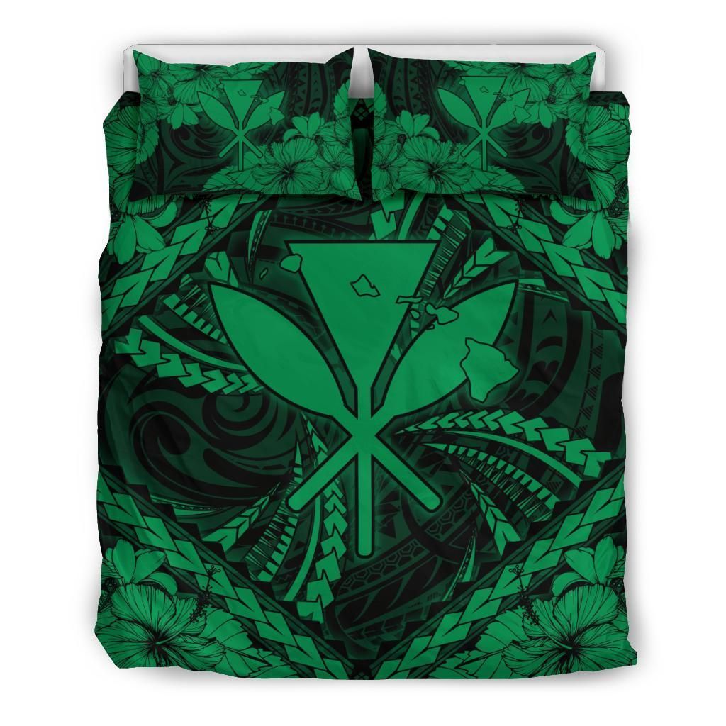 Hawaiian Map Kanaka Hibiscus Green Polynesian Bedding Set
