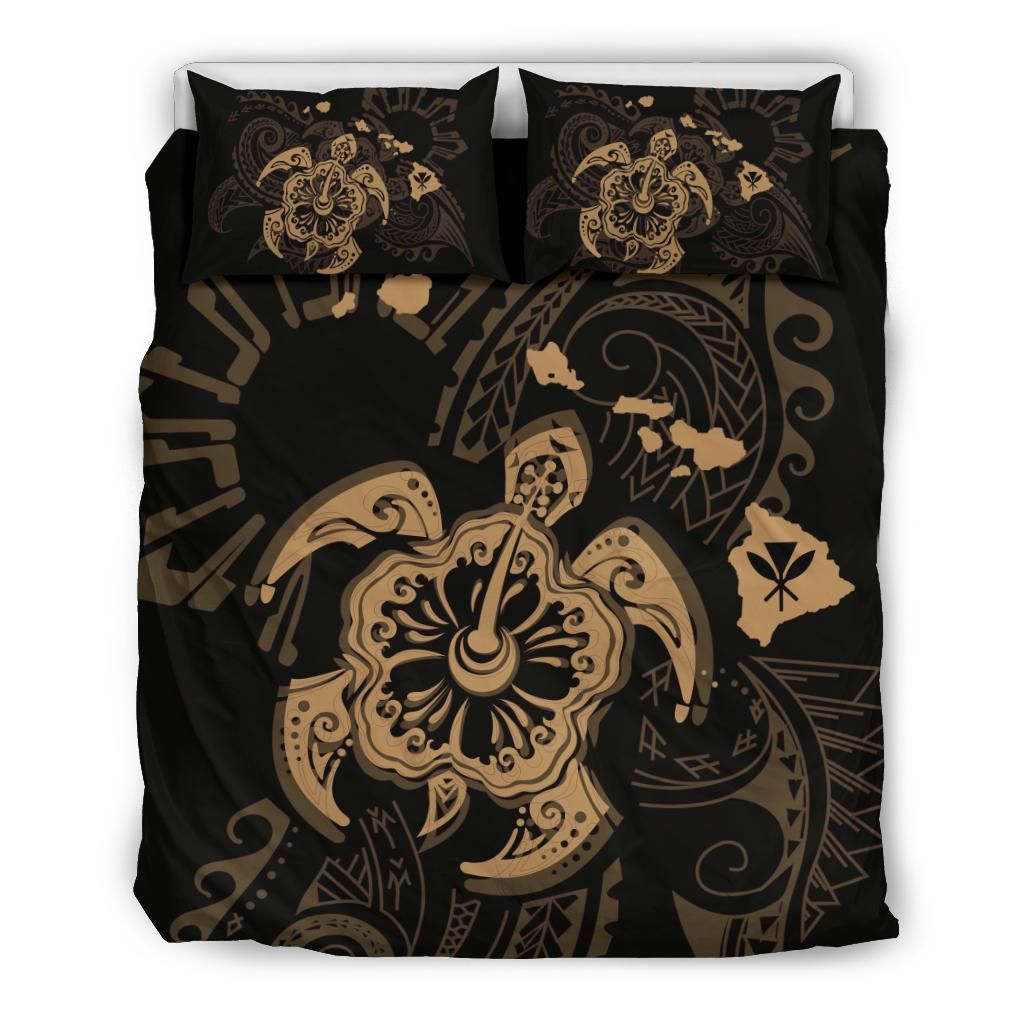 Hawaiian Map Kanaka Hibiscus Turtle Gold Polynesian Bedding Set