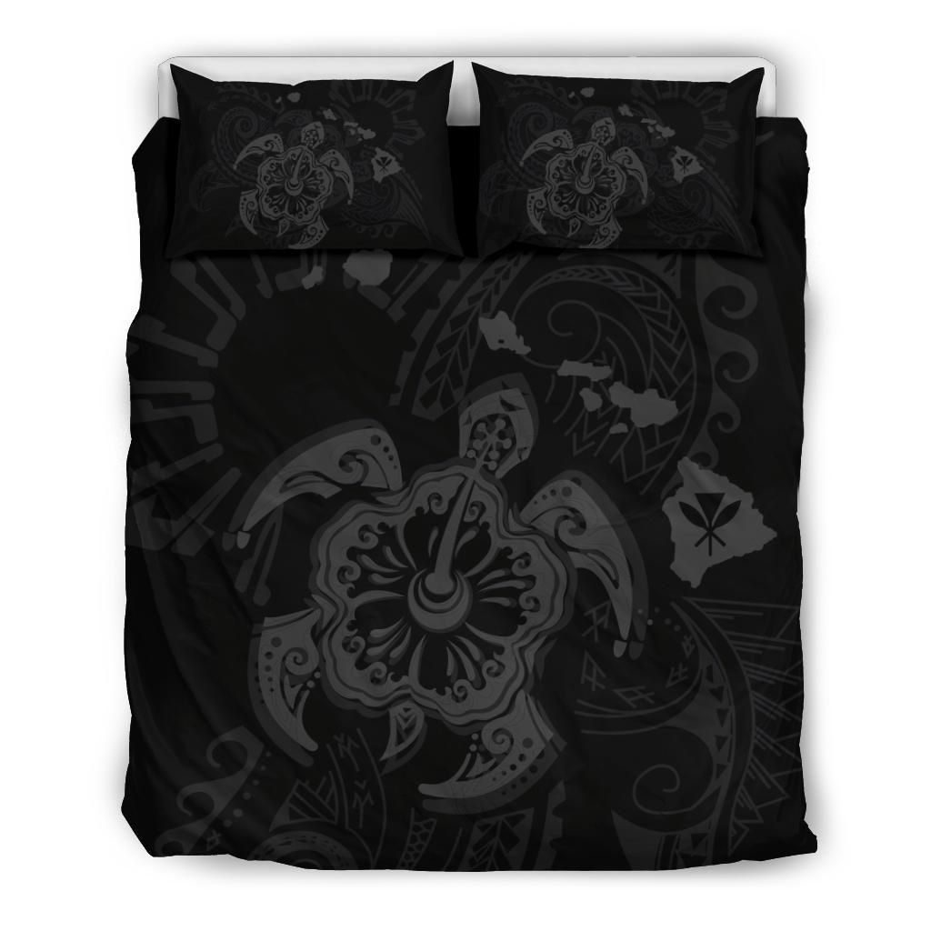 Hawaiian Map Kanaka Hibiscus Turtle Gray Polynesian Bedding Set