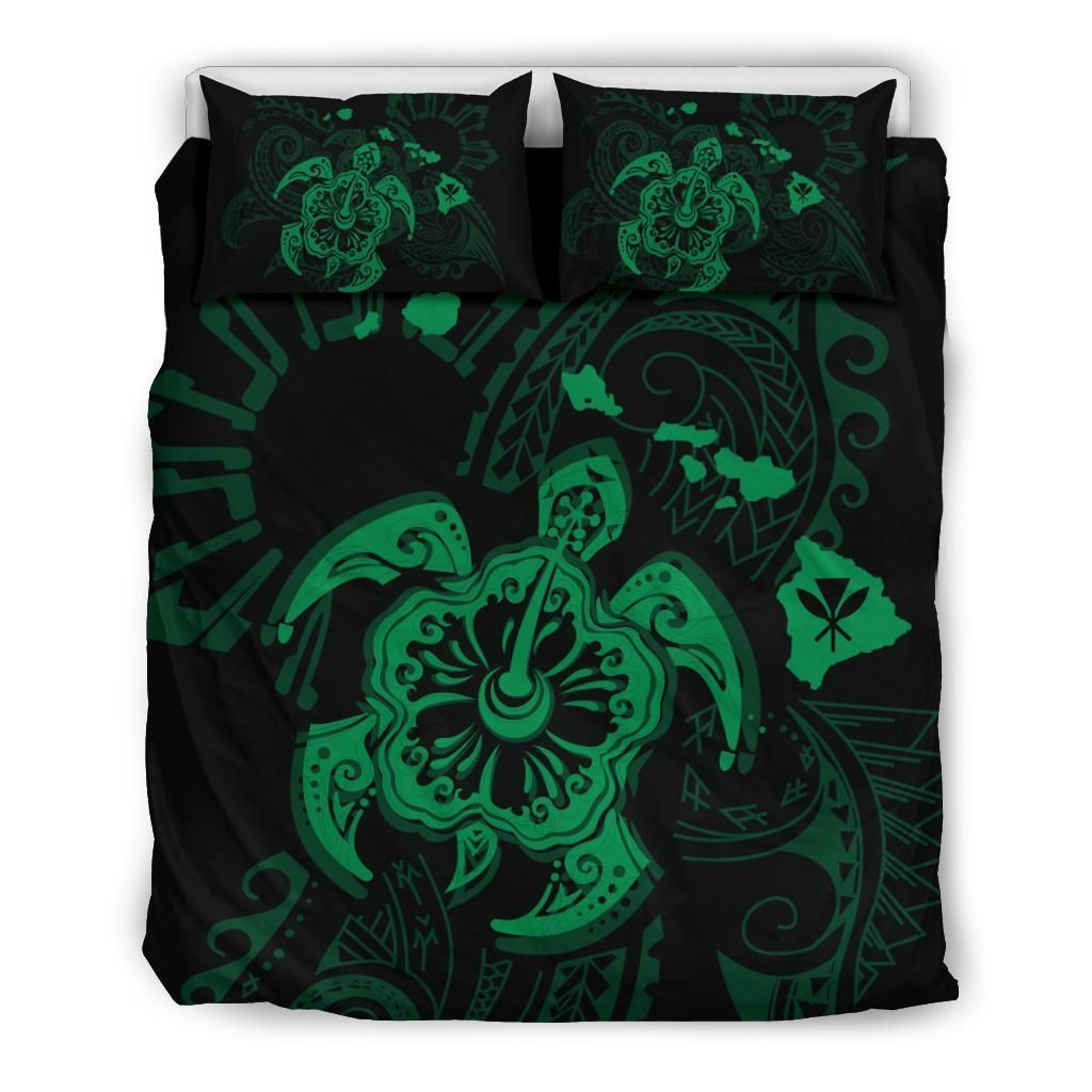 Hawaiian Map Kanaka Hibiscus Turtle Green Polynesian Bedding Set