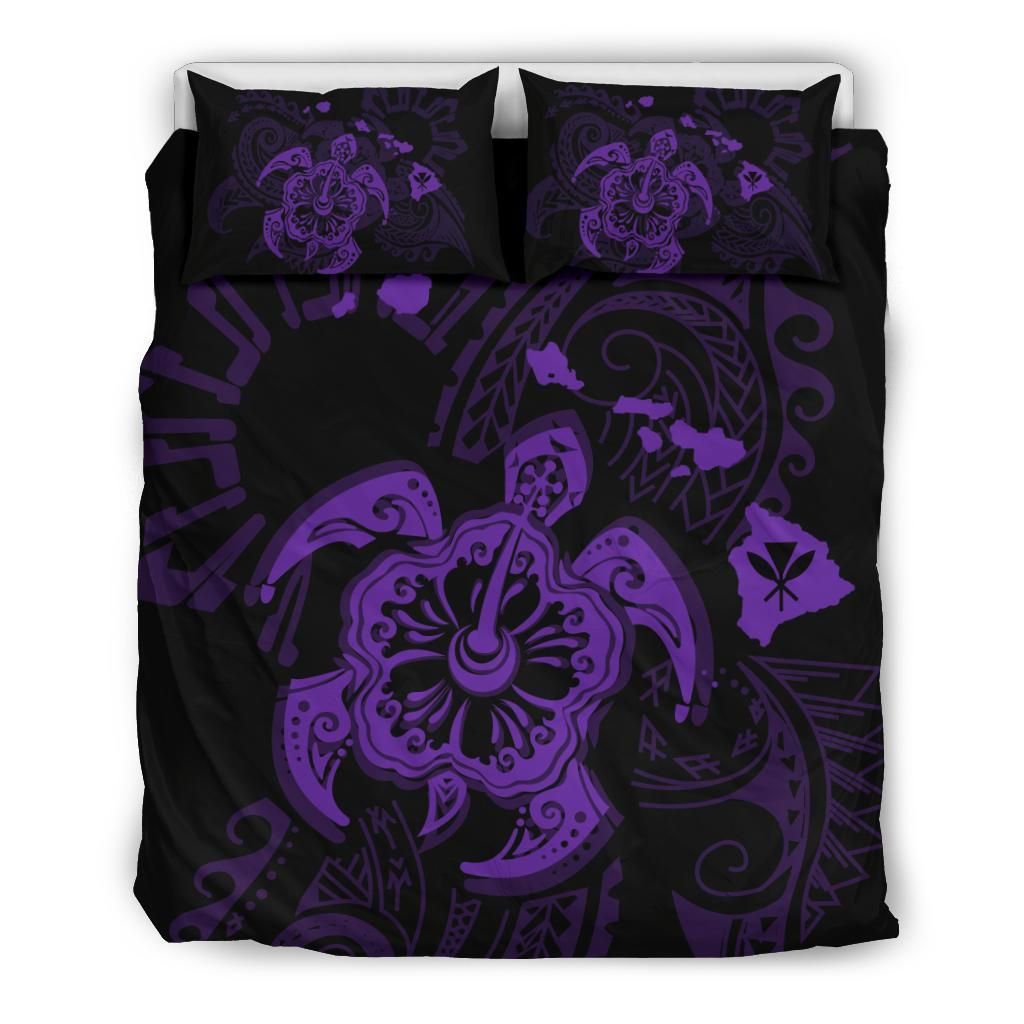 Hawaiian Map Kanaka Hibiscus Turtle Purple Polynesian Bedding Set