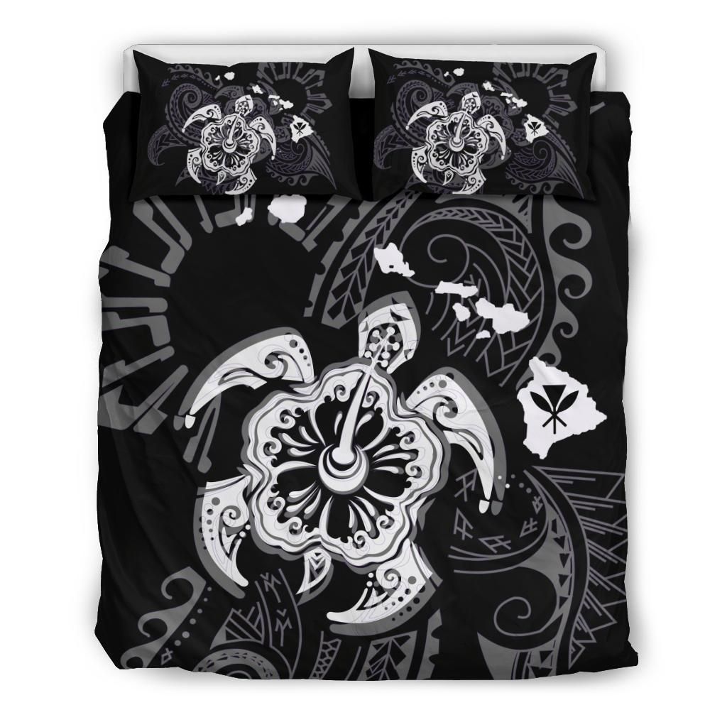 Hawaiian Map Kanaka Hibiscus Turtle White Polynesian Bedding Set
