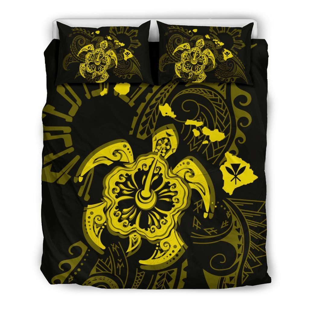 Hawaiian Map Kanaka Hibiscus Turtle Yellow Polynesian Bedding Set