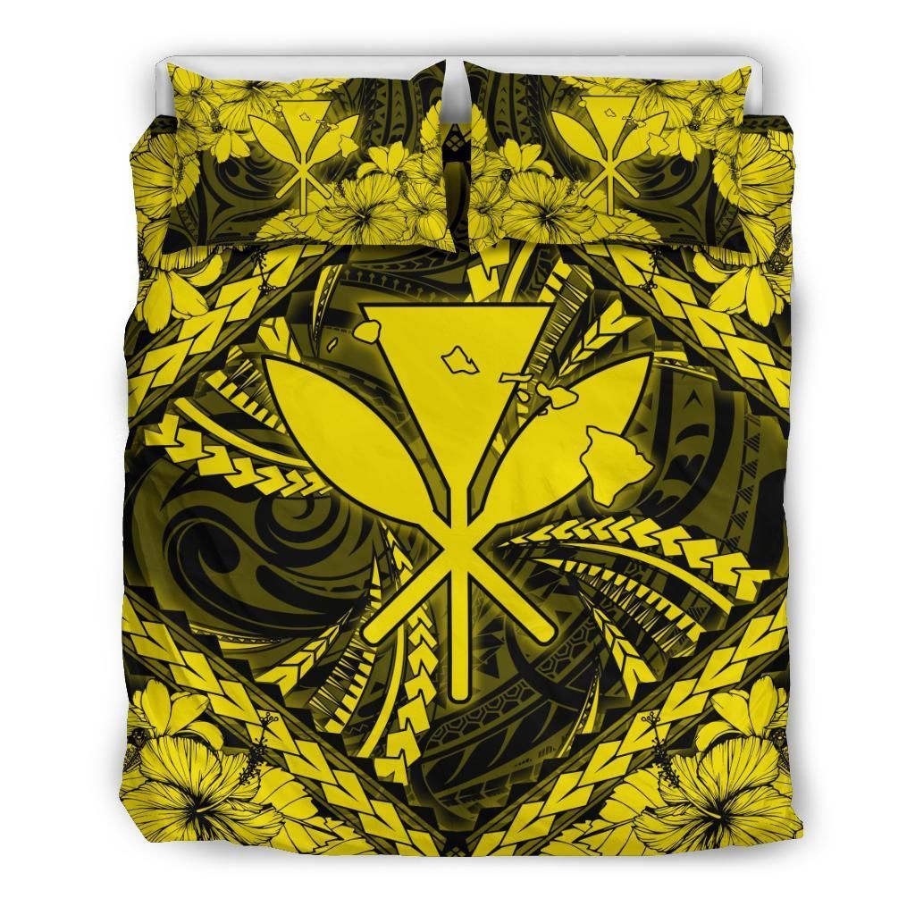 Hawaiian Map Kanaka Hibiscus Yellow Polynesian Bedding Set