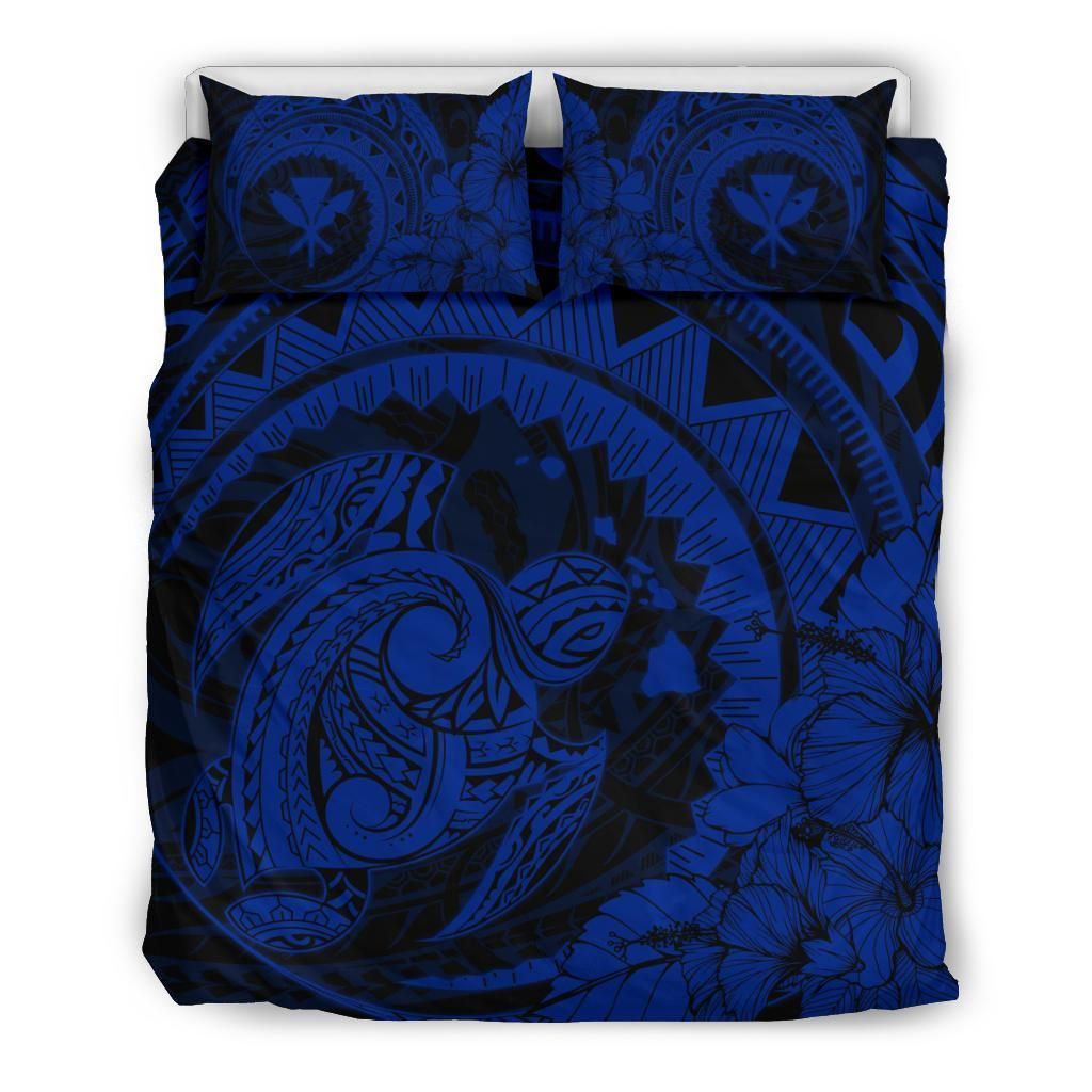 Hawaiian Map Kanaka Honu Hibiscus Blue Globular Polynesian Bedding Set