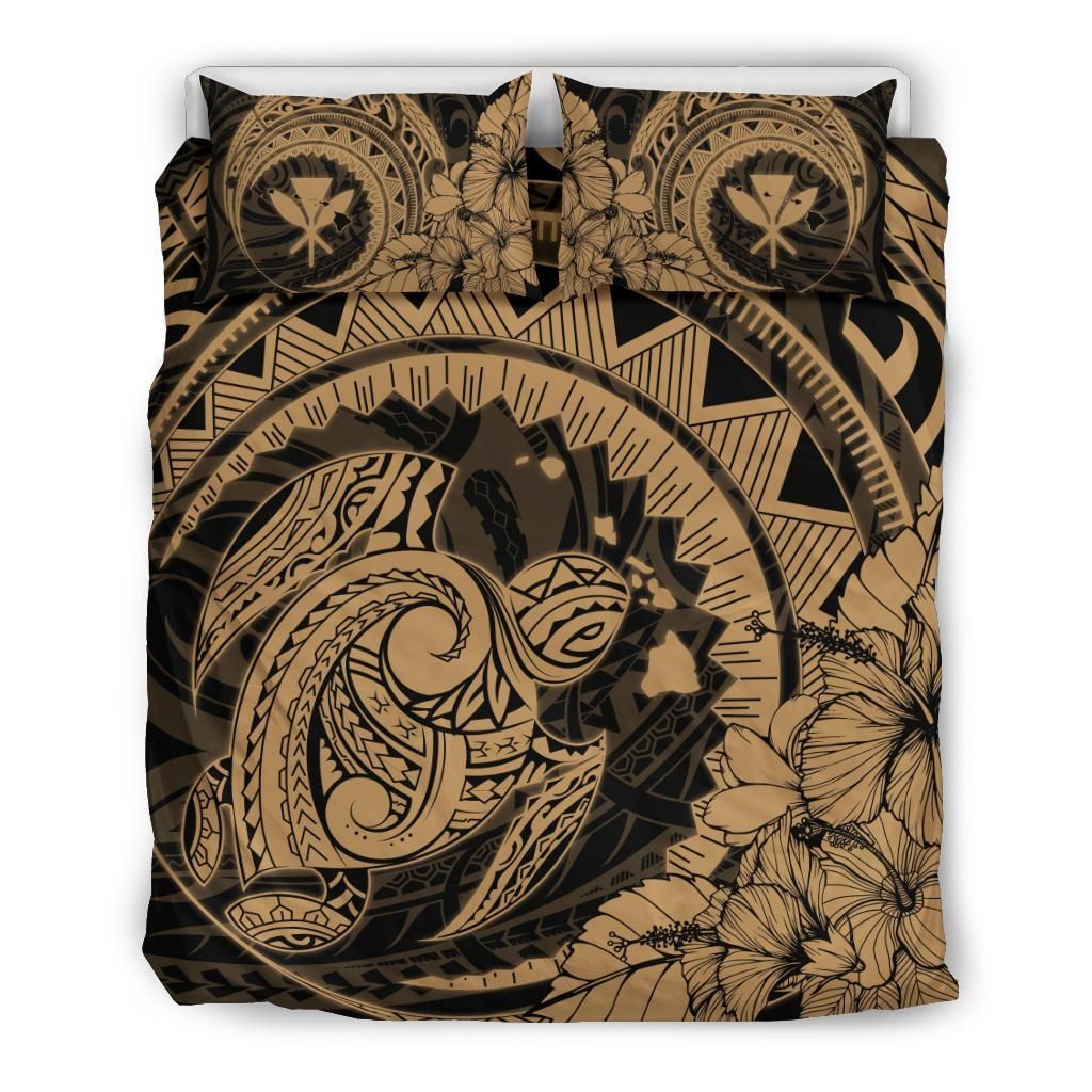 Hawaiian Map Kanaka Honu Hibiscus Gold Globular Polynesian Bedding Set