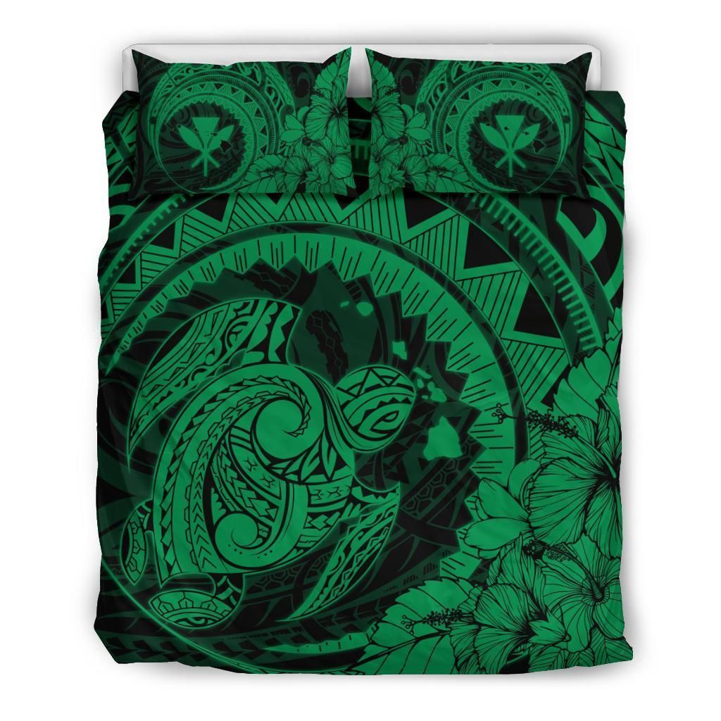 Hawaiian Map Kanaka Honu Hibiscus Green Globular Bedding Set