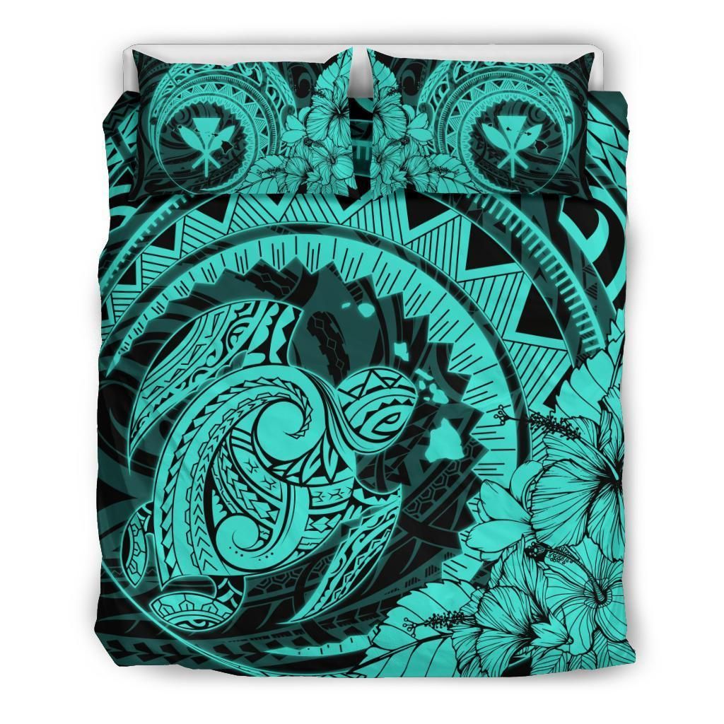Hawaiian Map Kanaka Honu Hibiscus Turquoise Globular Polynesian Bedding Set