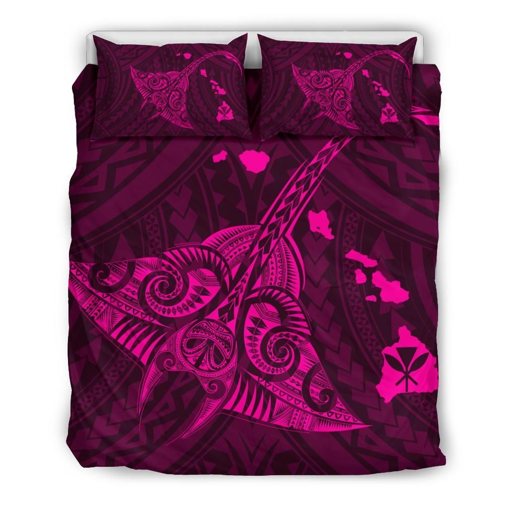 Hawaiian Map Kanaka Manta Ray Polynesian Pink Bedding Set