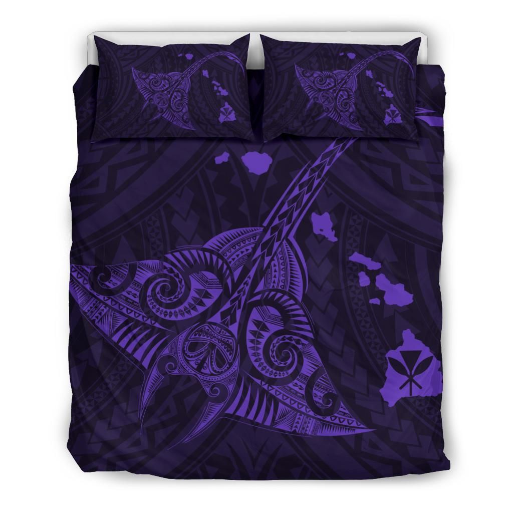Hawaiian Map Kanaka Manta Ray Polynesian Purple Bedding Set