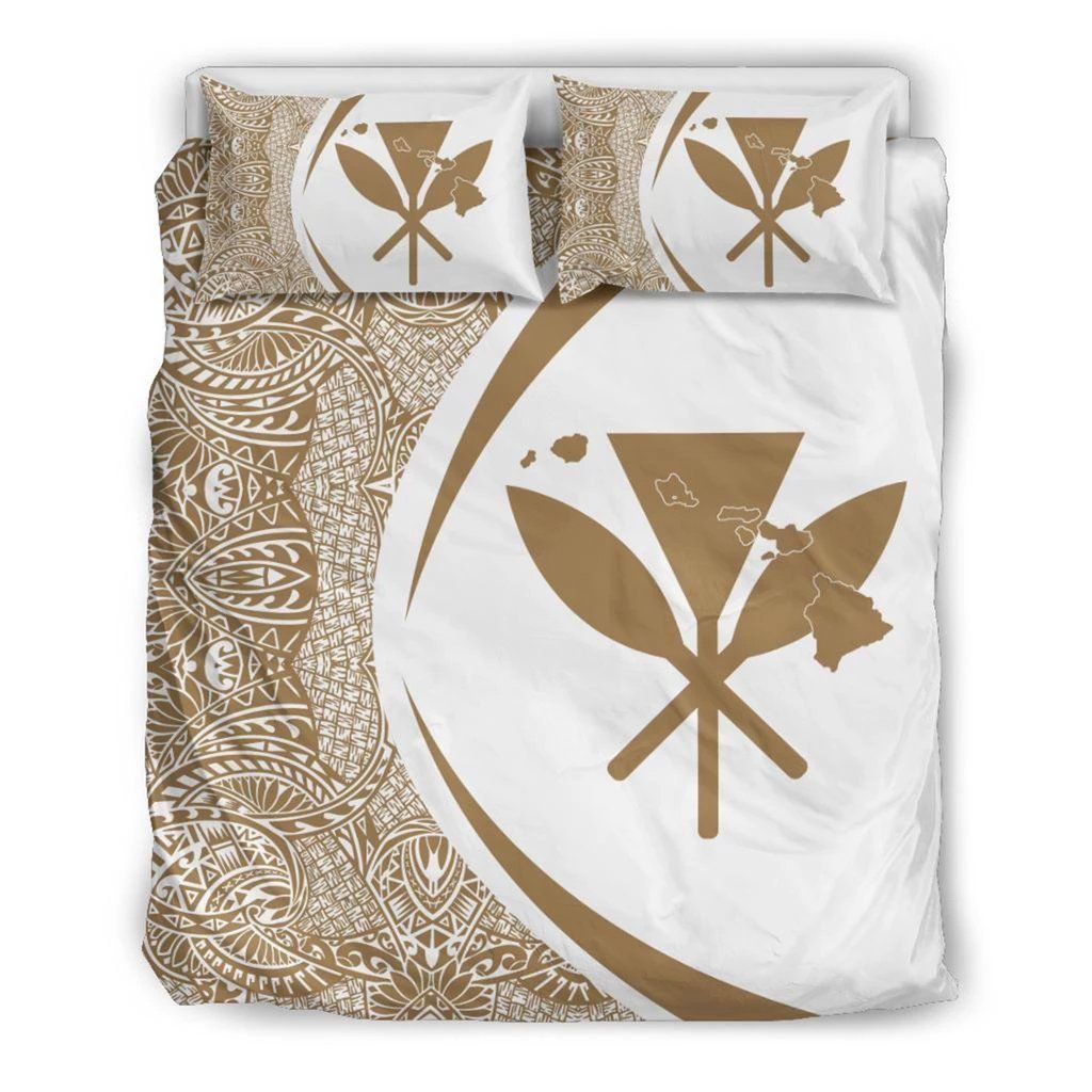 Hawaiian Map Kanaka Maoli Polynesian Circle Style Gold And White Bedding Set