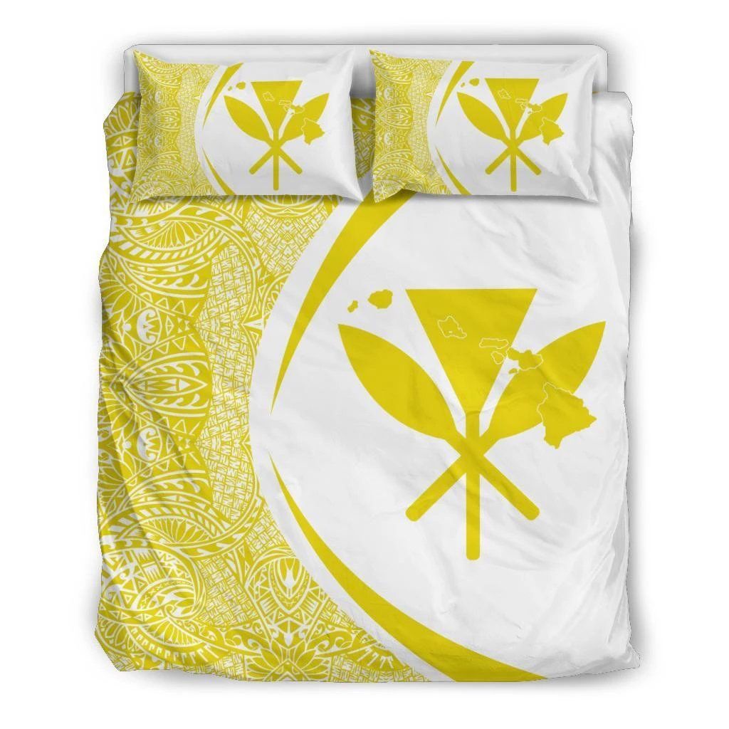 Hawaiian Map Kanaka Maoli Polynesian Circle Style Yellow And White Bedding Set