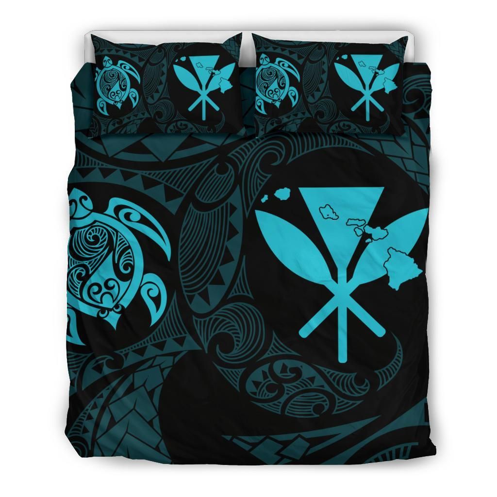 Hawaiian Map Kanaka Maoli Turtle Polynesian Blue Bedding Set