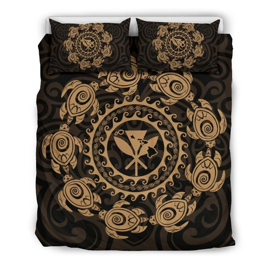 Hawaiian Map Kanaka Turtles Circle Style Gold Polynesian Bedding Set
