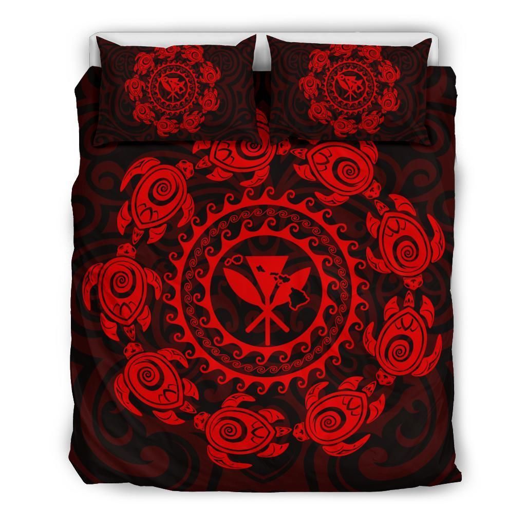 Hawaiian Map Kanaka Turtles Circle Style Red Polynesian Bedding Set