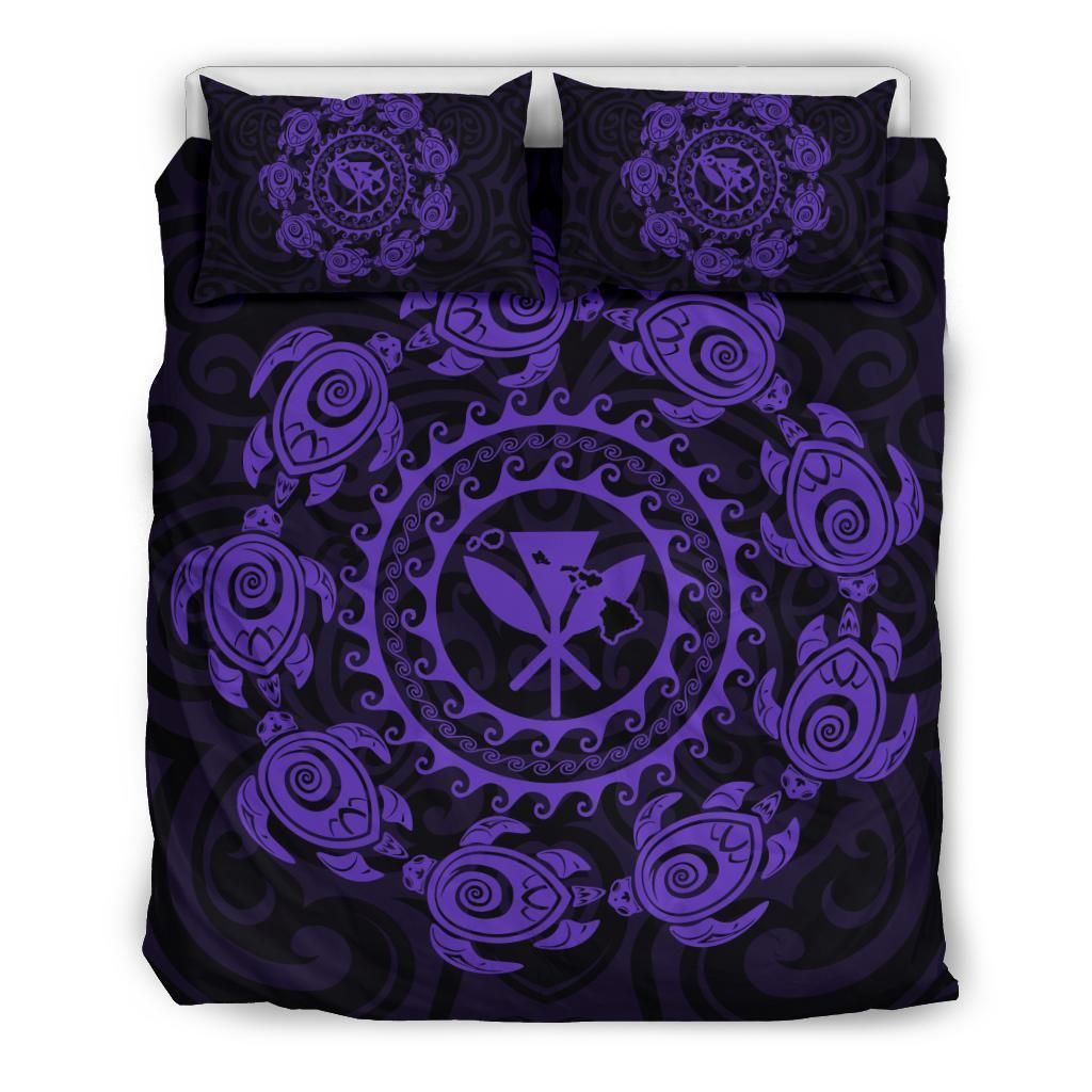 Hawaiian Map Kanaka Turtles Circle Style Violet Polynesian Bedding Set