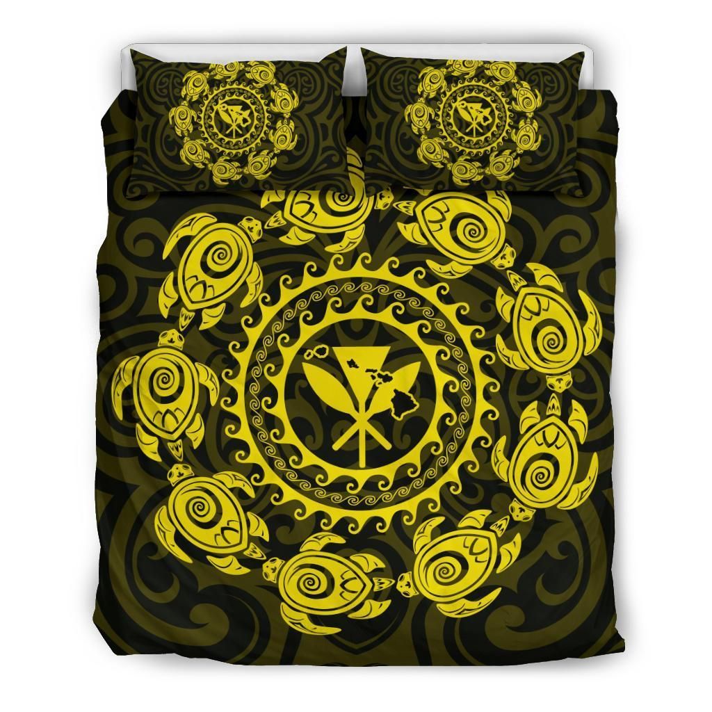 Hawaiian Map Kanaka Turtles Circle Style Yellow Polynesian Bedding Set