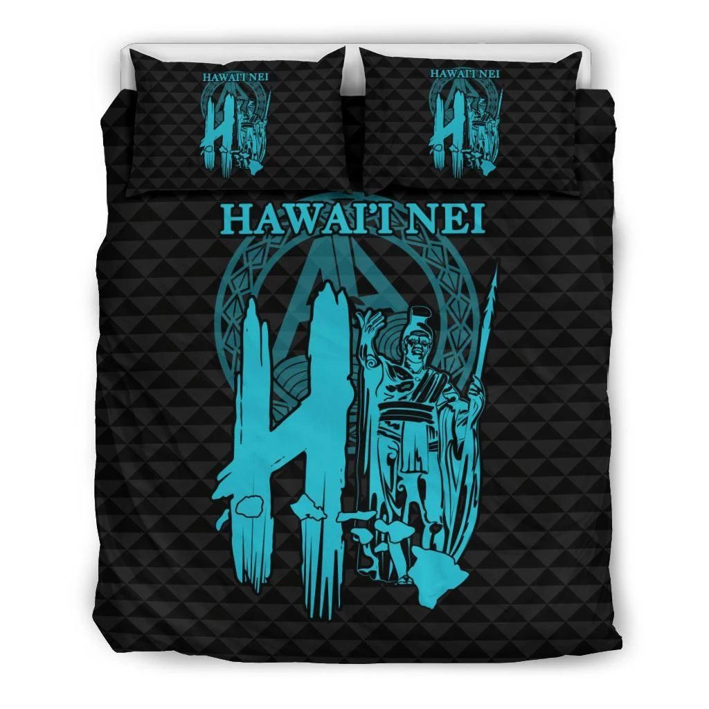 Hawaiian Map King Kamehameha Kakau Blue Bedding Set