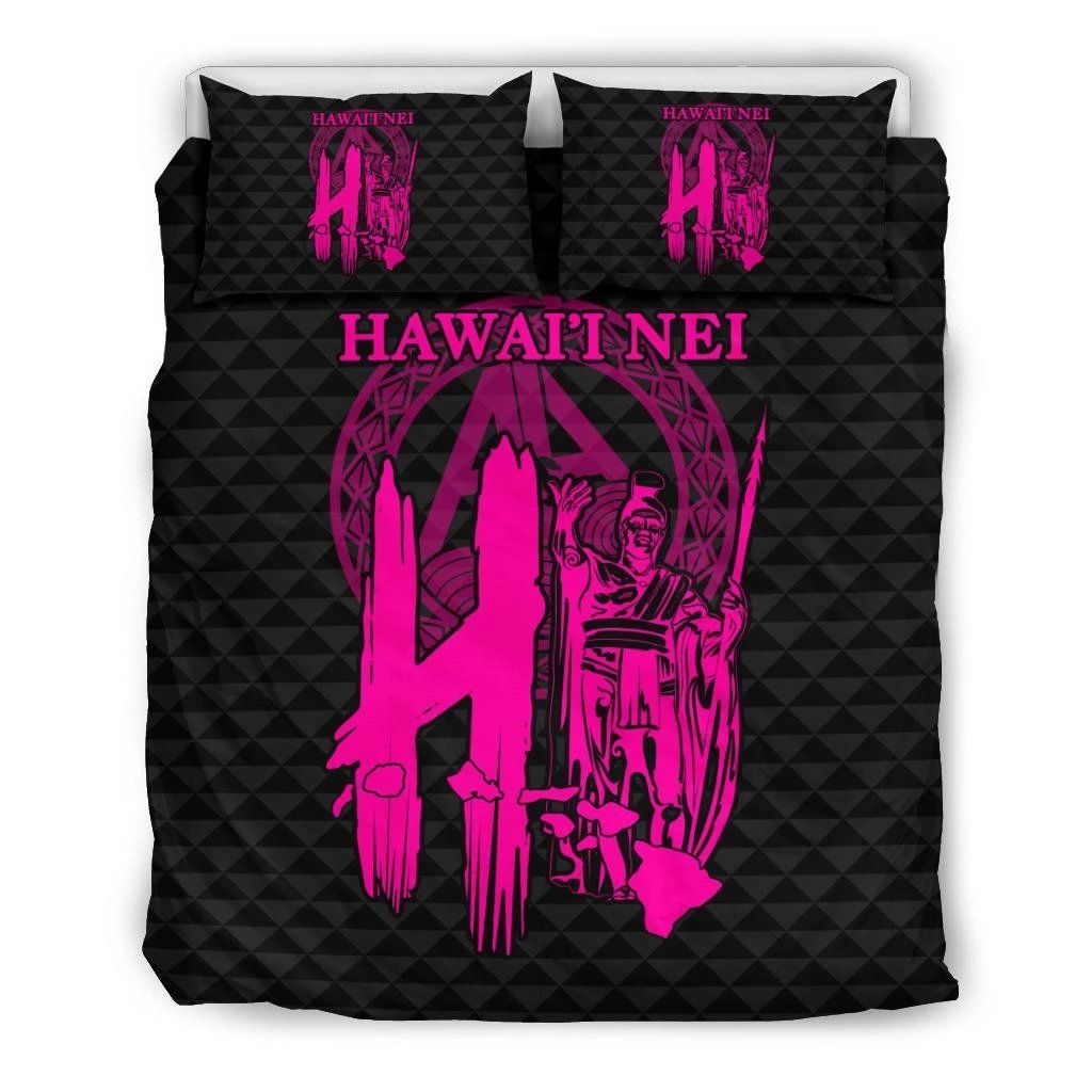 Hawaiian Map King Kamehameha Kakau Dark Pink Bedding Set