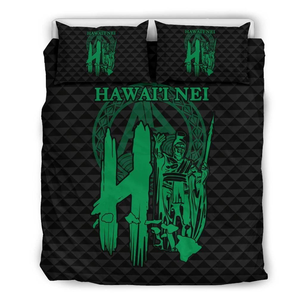 Hawaiian Map King Kamehameha Kakau Green Bedding Set
