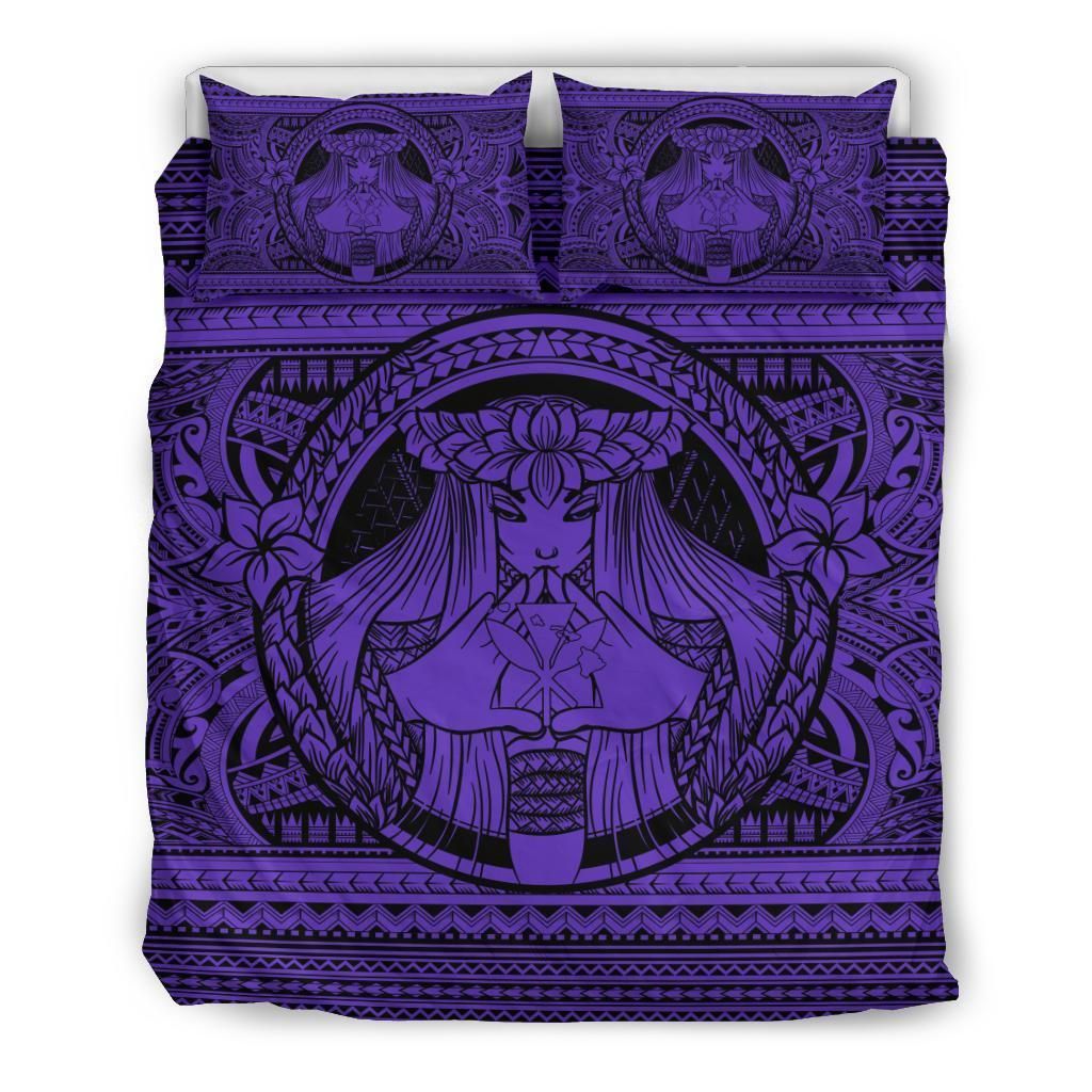 Hawaiian Map Madame Pele Kanaka Plumeria Polynesian Purple Bedding Set