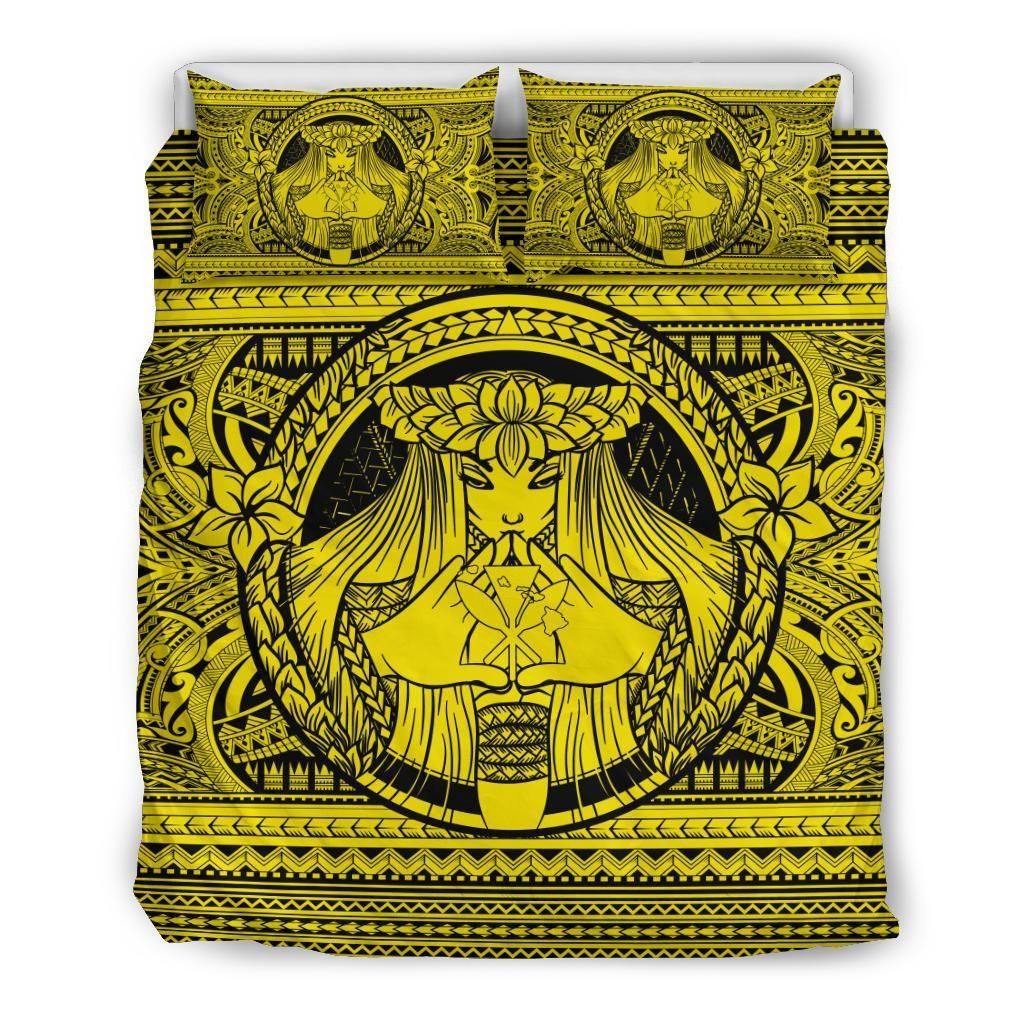 Hawaiian Map Madame Pele Kanaka Plumeria Polynesian Yellow Bedding Set
