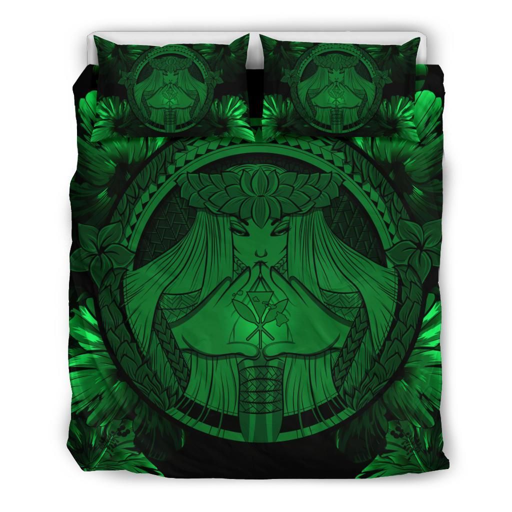 Hawaiian Map Madame Pele Kanaka Polynesian Green Bedding Set