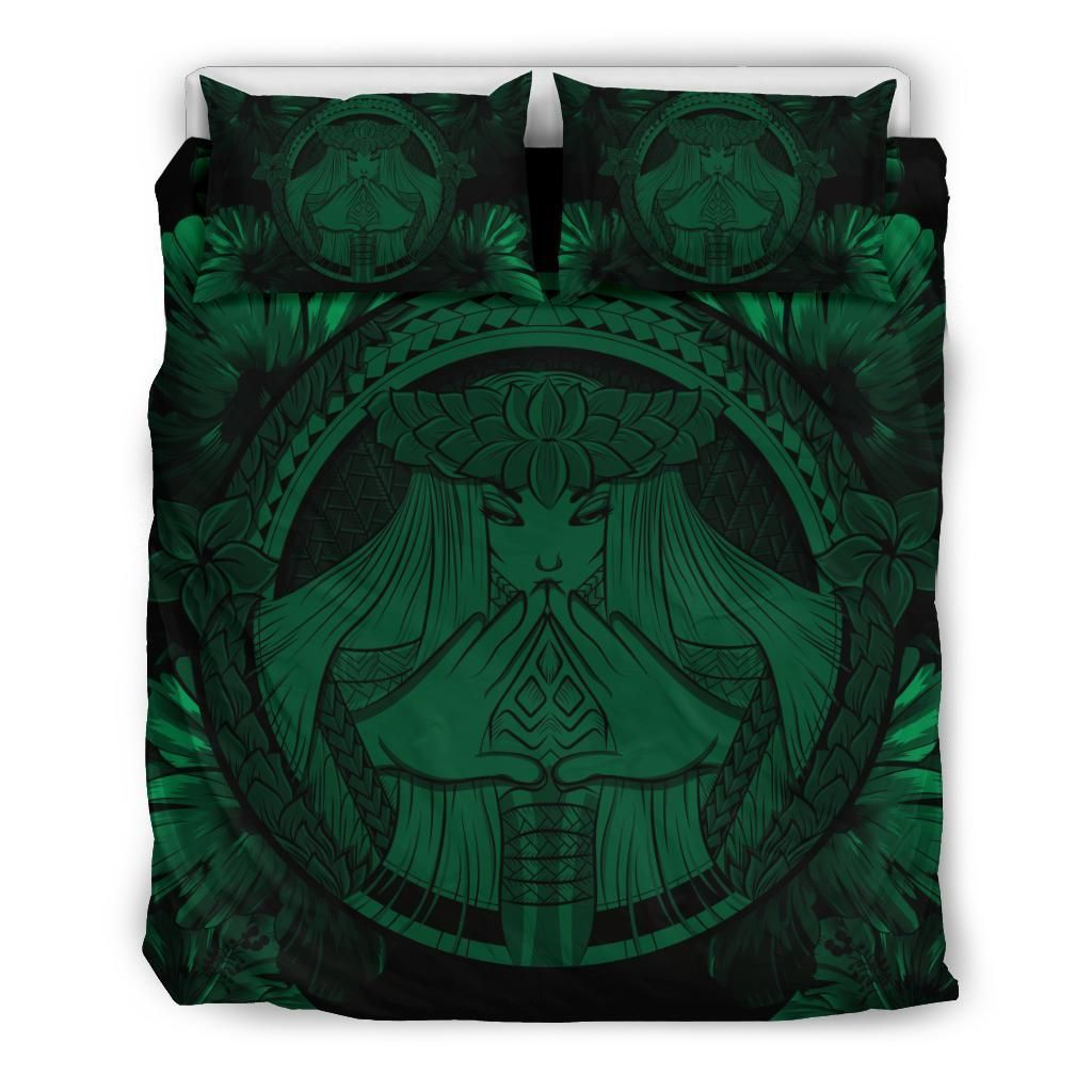 Hawaiian Map Madame Pele Polynesian Dark Green Bedding Set