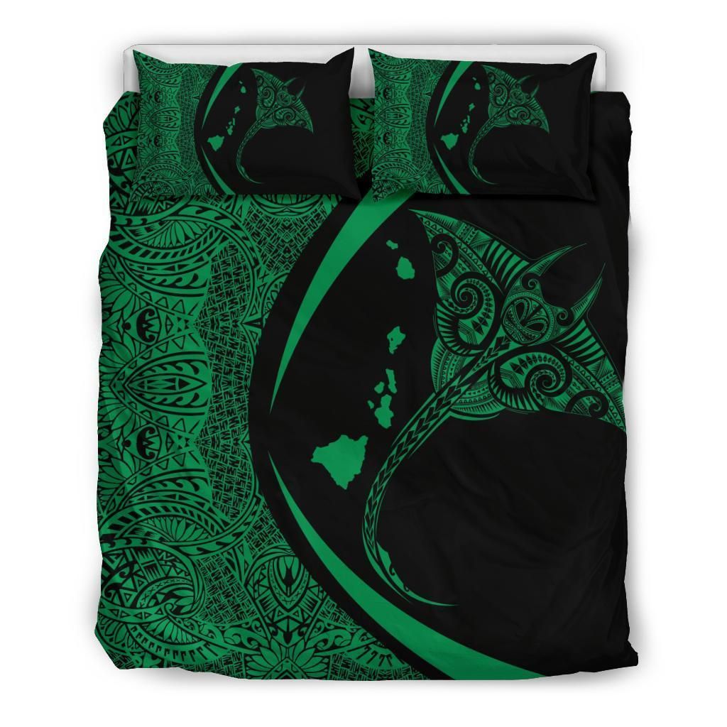 Hawaiian Map Manta Ray Polynesian Circle Style Green Bedding Set