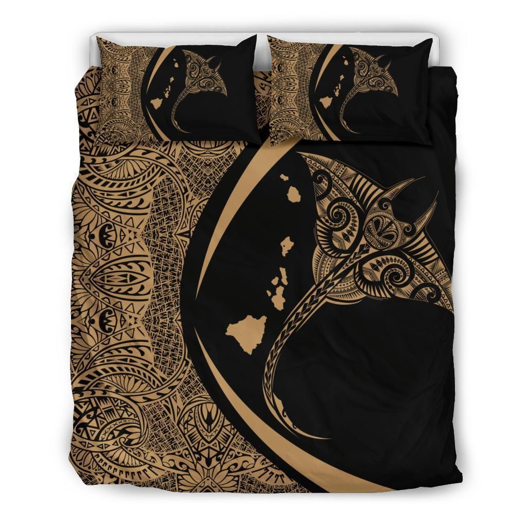 Hawaiian Map Manta Ray Polynesian Gold Bedding Set