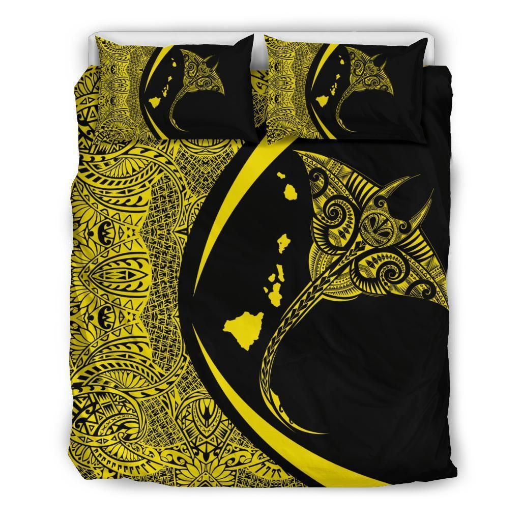 Hawaiian Map Manta Ray Polynesian Yellow Circle Style Bedding Set